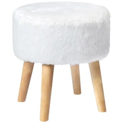 * Emmy White Faux Fur Wood Leg Ottoman Good Quality< Ottomans & Poufs