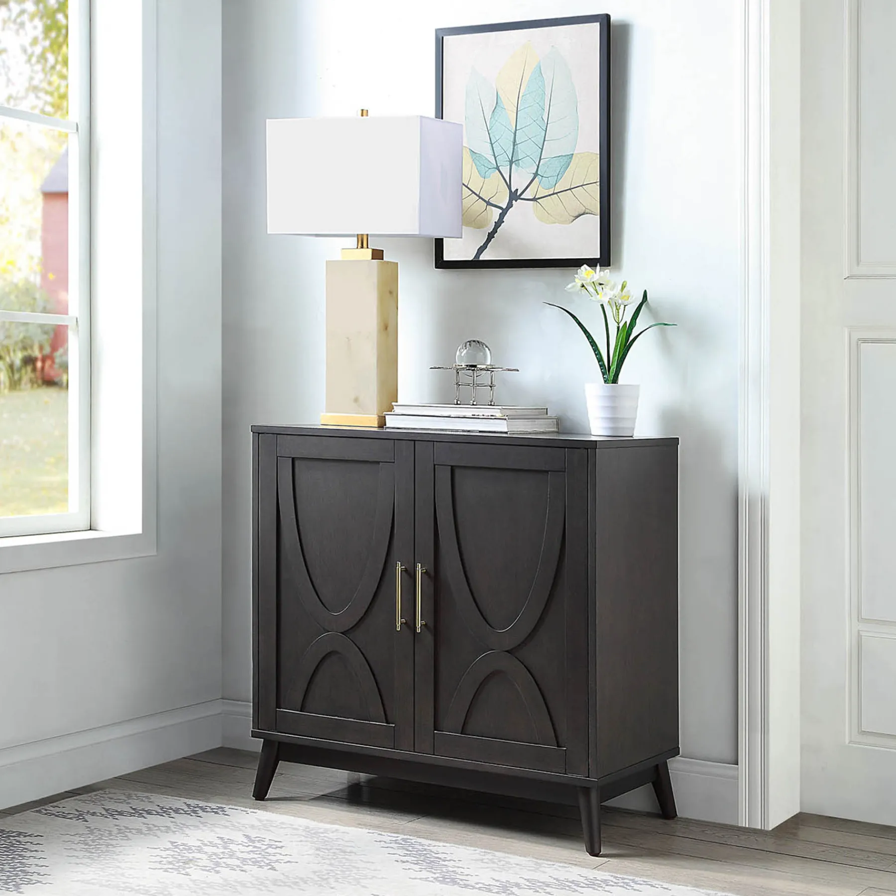 * Ezra 2-Door Dark Brown Cabinet With Gold Handle Opening Sales< Cabinets & Chests