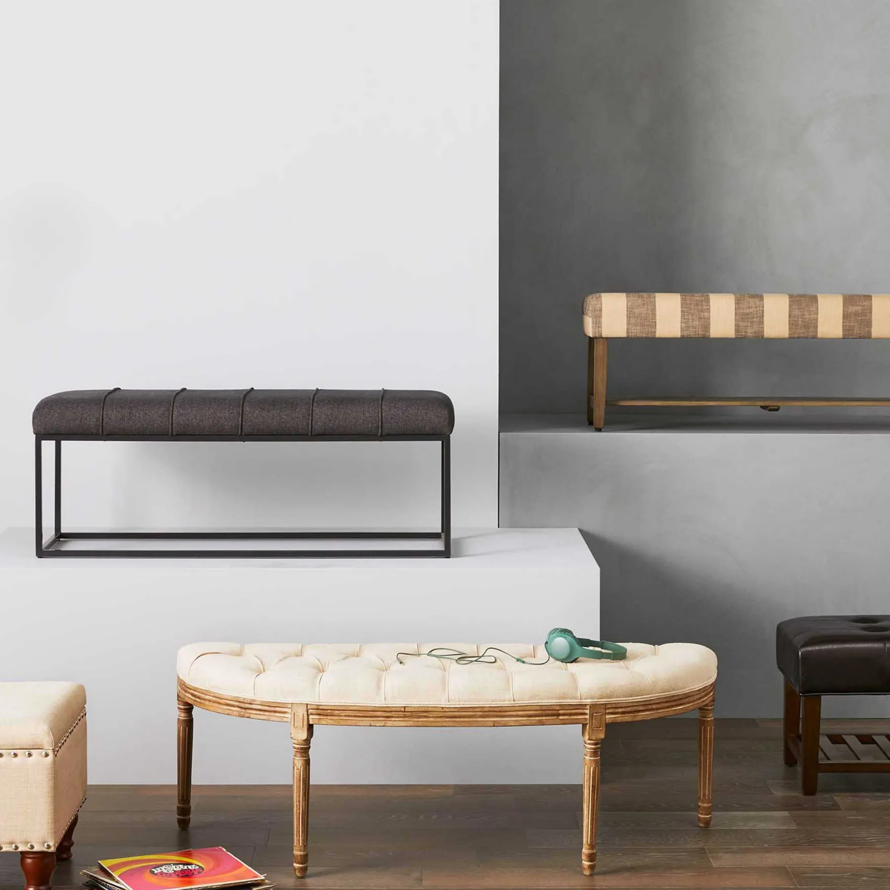* Providence Lourdes Tufted Curved Bench, Neutral Clearance< Stools & Benches