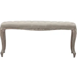 * Simone Grey Linen Tufted Bench With Carved Reclaimed Wood Legs Outlet< Benches