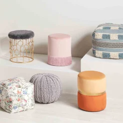 * Velvet Blush Round Ottoman With Fringe Featured< Ottomans & Poufs